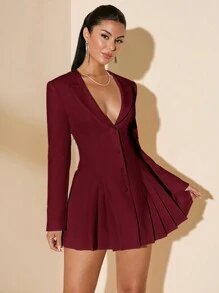 SHEIN BAE 1 件女式纯白色性感深 V 领翻领前纽扣长袖优雅褶皱连衣裙，夏季 - 酒紅色 - 查看 5