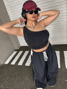 SHEIN EZwear 加大码单肩褶皱腰衬衫 - 黑色 - 查看 4