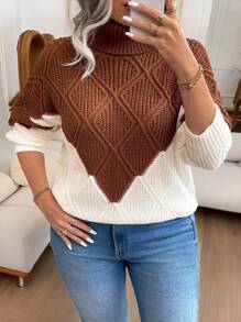 EMERY ROSE Plus Size Turtleneck Long Sleeve Textured Contrast Design Casual Comfortable Pullover Sweater, For Winter Knit Pullover Fall - Brown - View 8