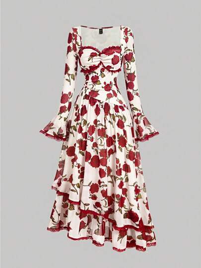 SHEIN MOD Vestido Floral Romântico de Rosas para Mulheres, Vestido de Festa de Férias, Vestido Personalizado para Mulheres, Fantasia de Diabo, Roupas para Homecoming, Looks para Shows, Ano Novo, Roupas de Mulher para o Dia dos Namorados, Vestido de Renda Vermelho, Vestido Vermelho de Manga Longa