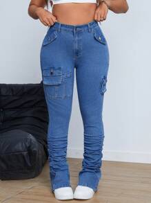 SHEIN ICON Pantalones vaqueros de cargo de diseño sencillo con botones delanteros y bolsillos, ropa casual de uso diario de talla grande - Azul lavado oscuro - Ver 1