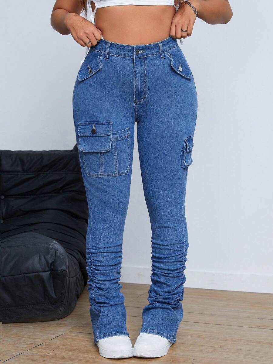 SHEIN ICON Pantalones vaqueros de cargo de diseño sencillo con botones delanteros y bolsillos, ropa casual de uso diario de talla grande - Azul lavado oscuro - Ver 1