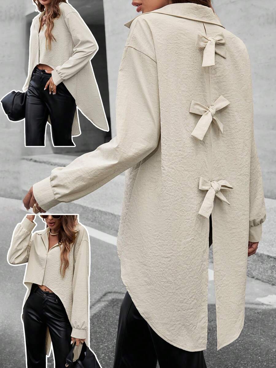 SHEIN Clasi Blusa de manga larga con diseño de lazo en la espalda, talla grande larga por detrás - Caqui - Ver 1