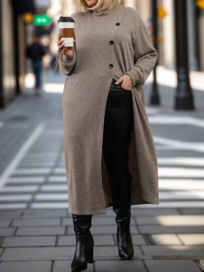 EMERY ROSE Ropa de otoño estilo abuela de talla grande para mujer, conjunto de Acción de Gracias para mujer, blusa larga de unicolor con mangas largas, diseño de botones y abertura en el bajo para mujer en primavera y otoño