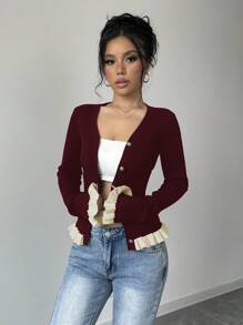 Elenzga Gerimpelde rand, contrasterende kleur gebreide cardigan, tops met lange mouwen