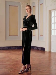 ZEYLAH VELVET V-NECK RUFFLE TRIM CONTRAST PIPING SPLIT THIGH LONG DRESS WITHOUT BELT