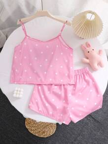 SHEIN 2 件套青少年女孩可爱简约字母波尔卡圆点图案吊带背心上衣和短裤休闲柔软睡衣套装 - 粉色 - 查看 2