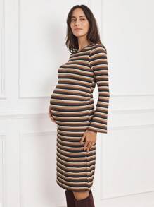 SHEIN MaterniWear Vintage Bell-Sleeve Bodycon Maternity Dress, Autumn - Multicolor - View 2