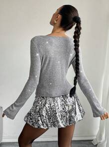 SHEIN Essnce 女士纯色前系带简约长袖休闲衬衫、针织衬衫、秋季女装、长袖、闪光、秋装 - 灰色 - 查看 4