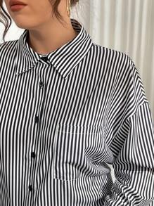 Calvaya Plus Size Women Black & White Striped Fashion Casual Plus Size Bow Shoulder Long Sleeve Shirt, Autumn - Black and White - View 8