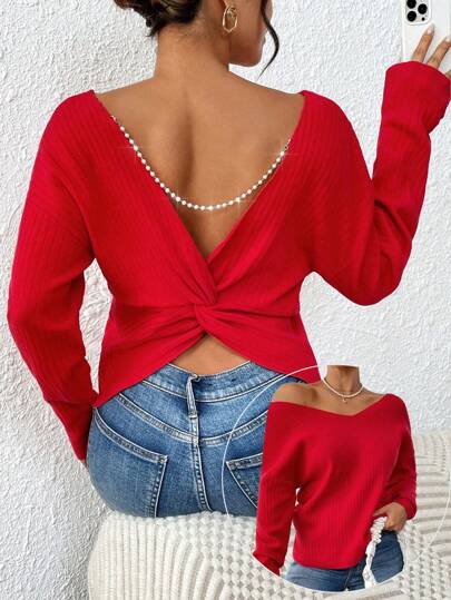 SHEIN Clasi Suéter de manga larga de mujer con cuello de cadena de perlas falsas rojas, nudo en la espalda y textura de punto, Tops de manga larga