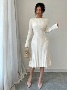 Selianne Women's Solid Color Crew Neck Rib Knit Pleated Long Sleeve Sweater Dress - White - View 5