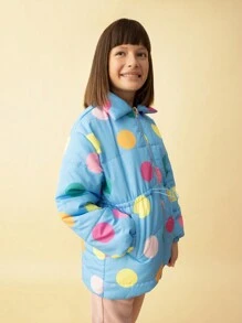 SHEIN 秋冬季 Tween 女童彩色波尔卡圆点立领口袋收腰休闲夹克 - 藍色 - 查看 6