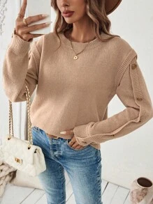 SHEIN LUNE Casual Solid Color 2 In 1 Sweater, Autumn, Knit Pullover Fall Winter - Khaki - View 6