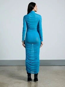 AiiRZ Sheer Mesh Long Sleeve Stand Collar Ruched Bodycon Maxi Dress - Blue - View 2