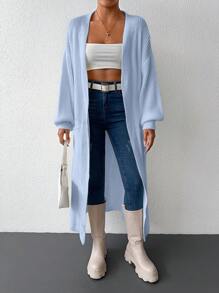 Women's Loose Drop Shoulder Solid Color Knitted Cardigan With Large Pockets - Baby Blue - View 4