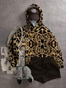 Ninpha SHEIN EZwear Áo nỉ tay dài họa tiết da báo tối giản thường ngày cỡ lớn dành cho nữ, mùa thu/đông - Nhiều màu - Xem 1