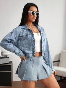 SHEIN EZwear 女式前扣长袖口袋休闲牛仔夹克 - 藍色 - 查看 3