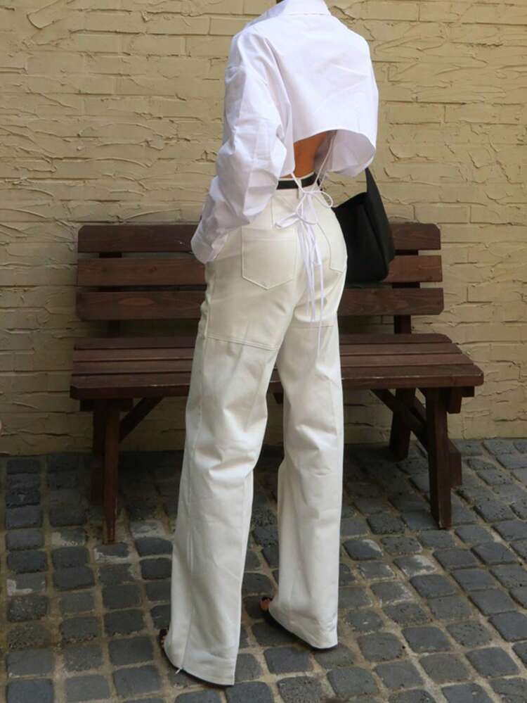 Damen lässige, schlichte Bluse mit Rückenbindung für den Herbst