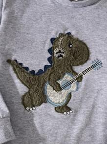 2 件装小男孩可爱搞笑酷炫吉他弹奏恐龙刺绣毛绒保暖棉质长袖衬衫和裤子休闲家居服套装 - 灰色 - 查看 4