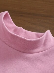 2 piezas Conjunto de vestido de línea A y blusa de cuello alto con bordado floral casual y elegante para niñas bebé, primavera/otoño - Rosa - Ver 3