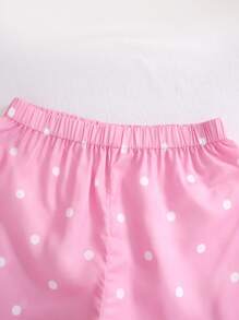 SHEIN 2 件套青少年女孩可爱简约字母波尔卡圆点图案吊带背心上衣和短裤休闲柔软睡衣套装 - 粉色 - 查看 3