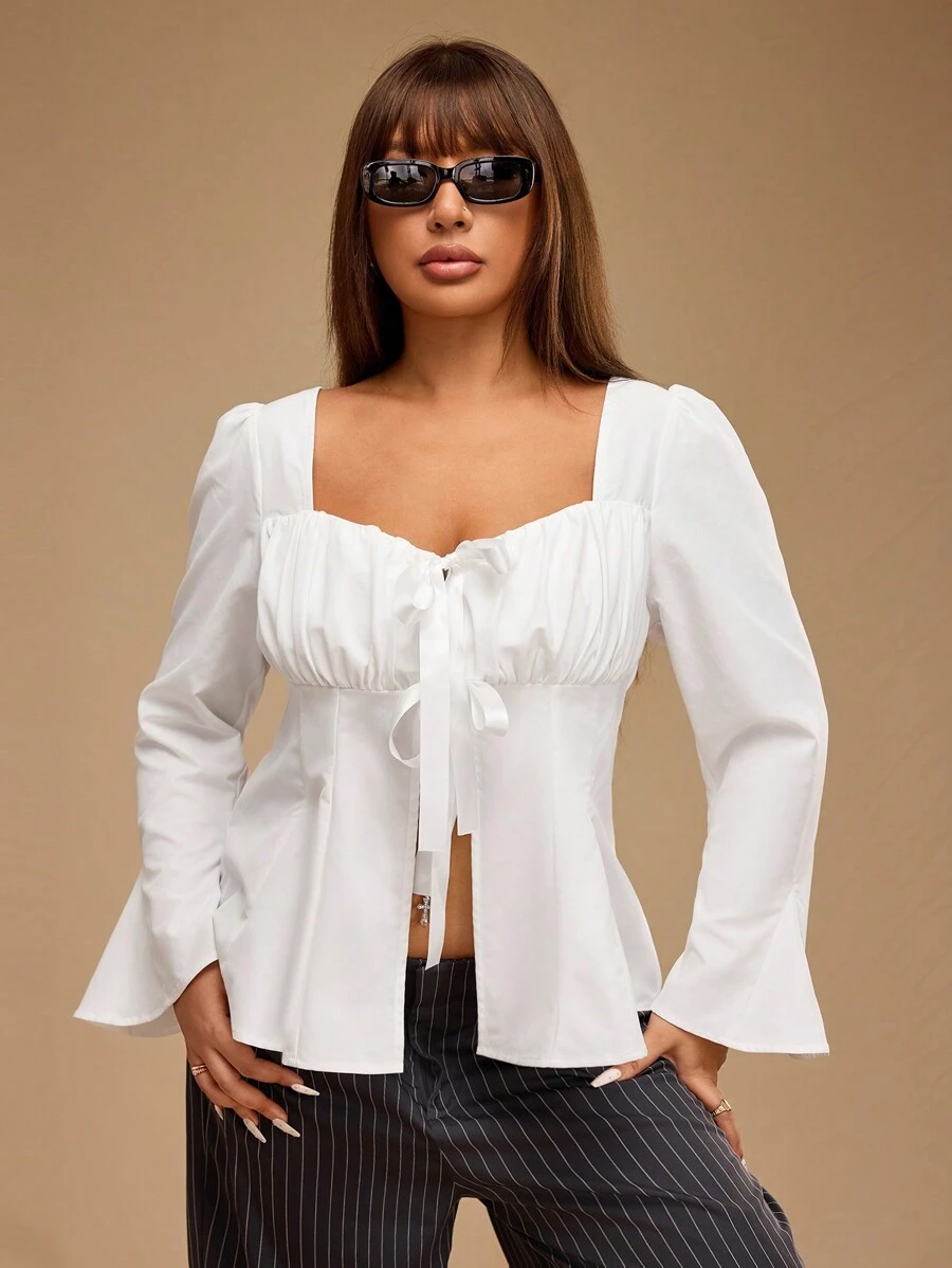 Forever 21 Plus Size damska elegancka bluzka z falbanką i rękawami dzwonkowymi, wiązana z przodu, jesień - Biały - Zobacz 1