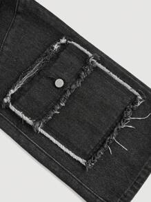 SHEIN Tween Boy Fashion Casual Design Sense Raw Edge Split Multiple Cargo Pockets Design Black Denim Cargo Loose Straight Leg Jeans For Dailywear And Kids Fall Clothes