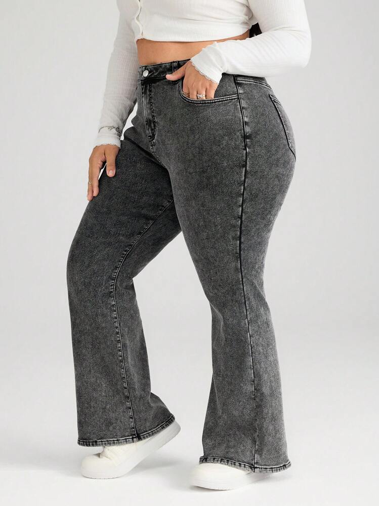 SHEIN CURVE+ Pantalones vaqueros grises de talla grande, pantalones acampanados elásticos con forro para mayor calidez - Gris - Añade 5