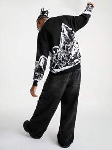 Manfinity EMRG Cardigan masculino com estampa de caveira, outono/inverno, gráfico, para sair, ombro caído, casual, com blocos de cores, para marido, presentes para namorado - Preto e Branco - Ver 6
