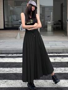 DAZY Women Solid Color Drawstring Waist Pleated Midi Skirt,Fall Clothes Winter Women Skirts - Black - View 2