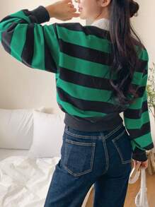 DAZY Women's Loose Short Striped Patchwork Contrast Color Polo Collar Sweatshirt