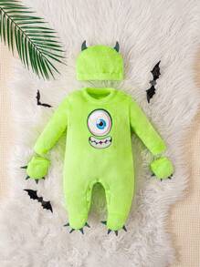Baby Boy Luminous Cartoon Monster Eye Embroidery Pattern Long Sleeve Jumpsuit With Hat And Gloves, Casual Home Outfit