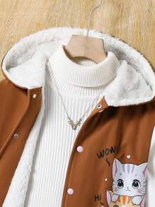 SHEIN Tween Girl Front Button Cat Print Long Sleeve Minimalist Hooded Casual Pullover