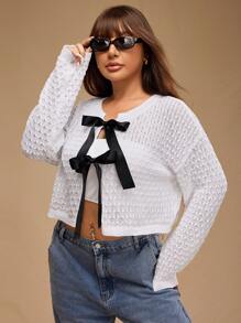 Forever 21 Plus Size Women's Fashionable Autumn Winter Knitted Long Sleeve Tie Front Cardigan - White - View 3