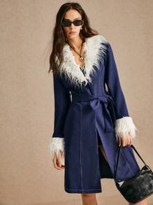 Poéselle Women's Winter Patchwork Fluffy Collar Long Sleeve Long Casual Outerwear, Fluffy Coat, Fall Winter Clothes, Fluffy Jacket,24 FW Boho Cottagecore Fur - Blue and White - View 1