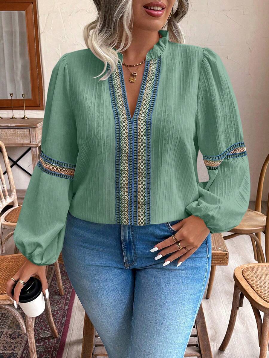 EMERY ROSE Plus Size Casual Vacation Frill Notch Neck Lantern Sleeve Contrast Lace Blouse Fall Cloth For Women - Mint Green - View 1