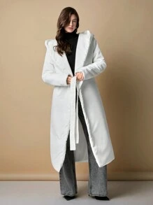 EURMUSE Manteau d'hiver avec ceinture, style léger, col châle et détails de col à capuche, rembourré long - Marron - Voir 6