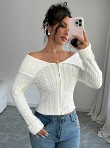 Chiquease Women's Solid Color Off-Shoulder Long Sleeve Zipper Front Fitted Cardigan, Autumn/Winter - White - View 6