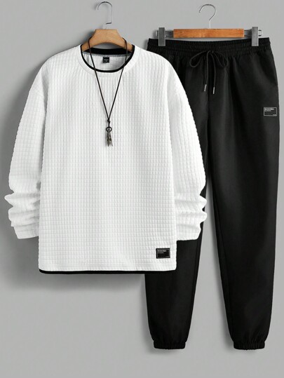 Manfinity VCAY Manfinity Modomio Set 2 buc. Tricou tricotat slim fit cu guler rotund, mânecă lungă și pantaloni casual cu talie elastică, potrivit pentru treningul bărbaților de toamnă și iarnă