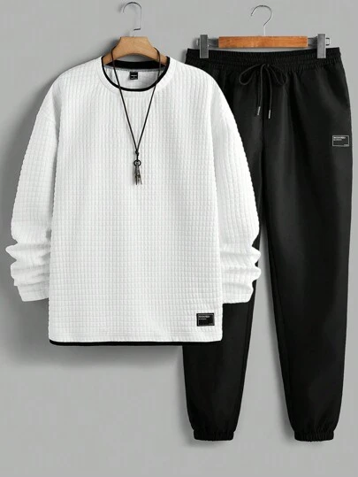 Manfinity VCAY Manfinity Modomio 男士针织修身圆领长袖T恤和弹力腰直筒休闲裤两件套，适合秋冬季男士运动套装、秋季服装