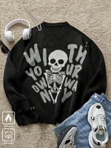 Manfinity Hypemode Skull & Letter Print Crew Neck Long Sleeve Knitted Sweater