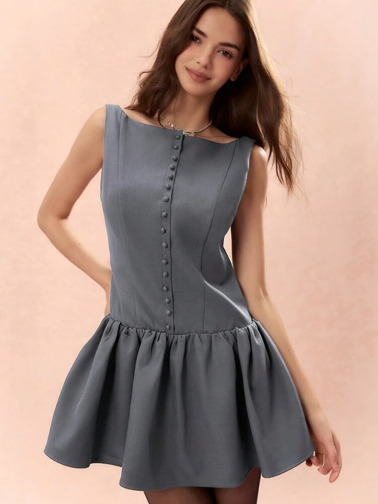 Autumn/Winter Romantic Women's Cute Sweetheart Grey Girly Fitted Sleeveless Mini Dress,Fashionable Fall Women Dresses