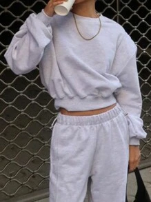 DAZY Sweat-shirt ample et court col rond unicolore pour femmes, vêtements d'automne