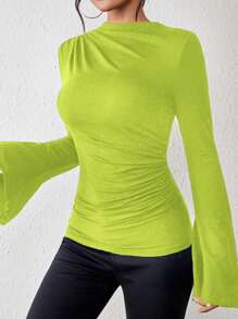 Chiquease 1 chiếc áo thun tay loe xếp ly màu trơn thường ngày, mùa thu, áo tay chuông - màu xanh lá - Xem 3
