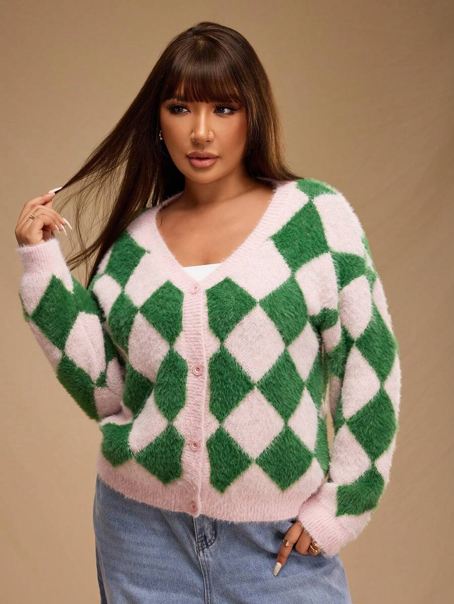 Forever 21 Plus Size Women Casual Dropped Shoulder Loose Checker Pattern Fluffy Knit Button Front Cardigan - Multicolor - View 1
