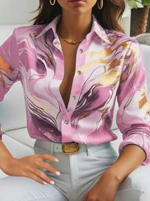 SHEIN Clasi 女式镀金十年前扣休闲长袖衬衫 - 淺灰紫 - 查看 4