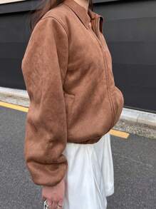 DAZY Áo khoác da PU trơn màu có khóa kéo túi trước cho nữ, Quần áo mùa thu cho nữ - Rỉ Nâu - Xem 6