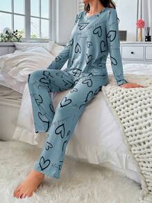 Women Letter & Heart Print Round Neck Long Sleeve Top And Pants Pajama Set, Fall Winter Clothes - Baby Blue - View 4