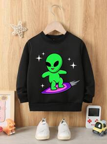 SHEIN Young Boy Alien Planet UFO Spaceship Family Alien Baby Printed Casual Round Neck Black Sweatshirt Autumn And Winter - Black - View 3